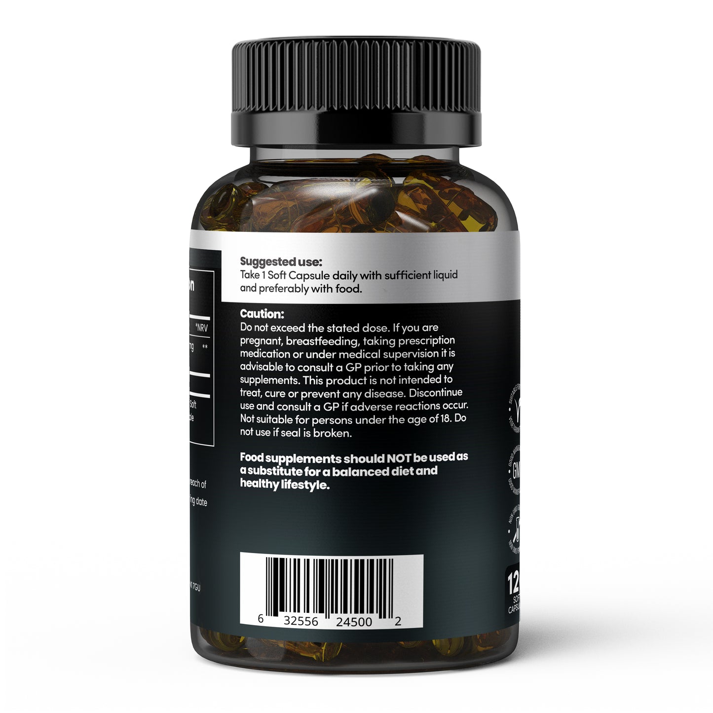 Black Cumin Seed Oil supplement usage instructions - take 1 soft capsule daily with food, GMP certified, suitable for vegans, cold-pressed premium quality