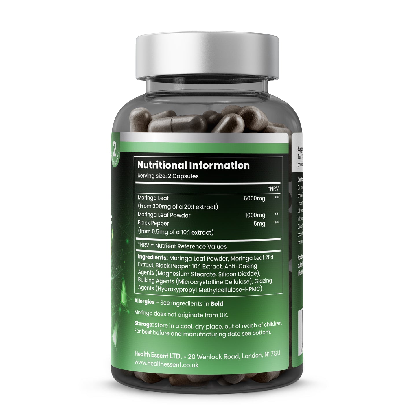 Moringa Leaf 7000mg Complex supplement facts panel showing 6000mg extract equivalent, 1000mg whole powder, and 5mg black pepper per serving