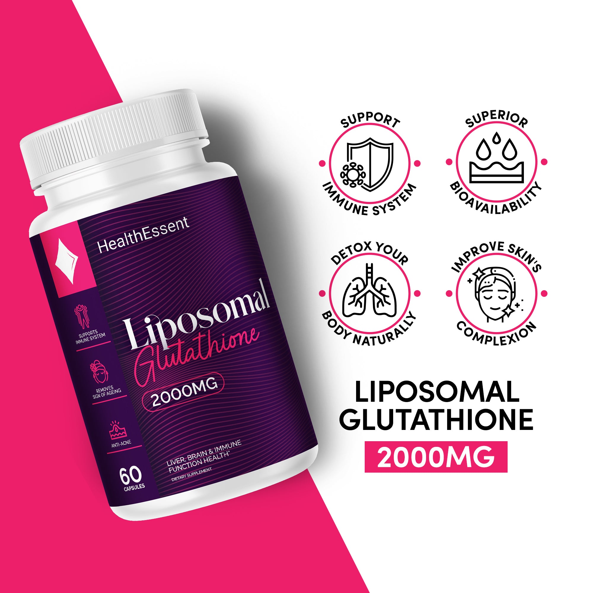 Liposomal Glutathione Reduced 2000mg Complex with Vitamin-C and Collagen Peptides, Superior Bioavailability 10X Absorption by HealthEssent - 60 Softgels