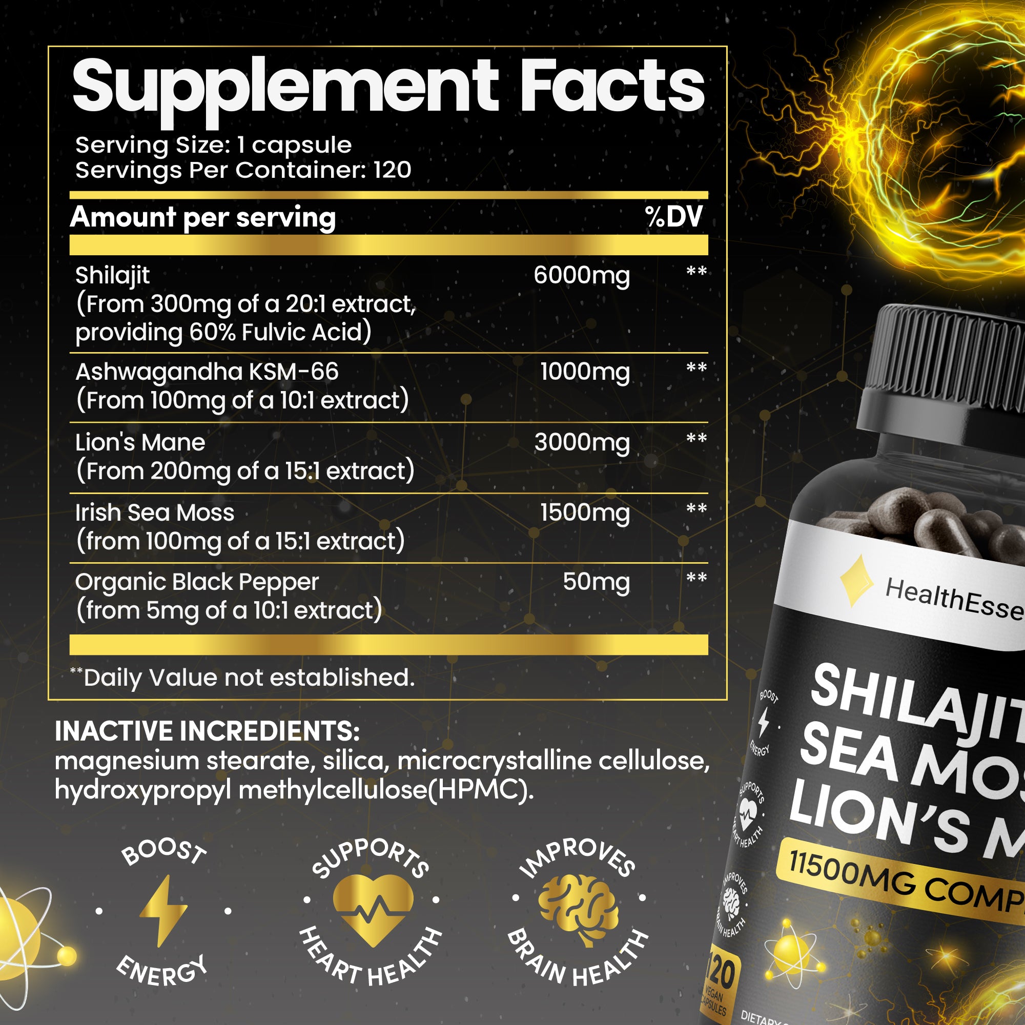 Shilajit Seamoss and Lions Mane Capsules, 11500mg High Strength Adaptogen Complex, with Added Ashwagandha KSM 66 and Black Pepper for Energy, Immunity & Brain - 120 Vegan Capsules by HealthEssent