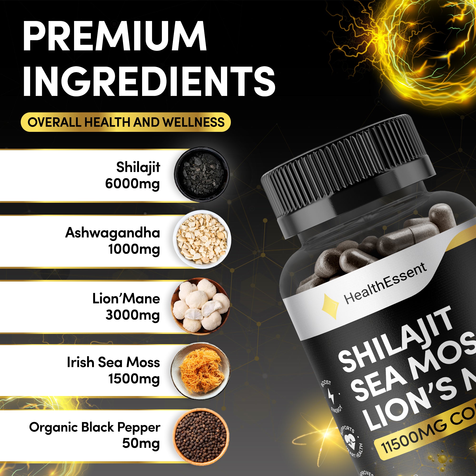 Shilajit Seamoss and Lions Mane Capsules, 11500mg High Strength Adaptogen Complex, with Added Ashwagandha KSM 66 and Black Pepper for Energy, Immunity & Brain - 120 Vegan Capsules by HealthEssent