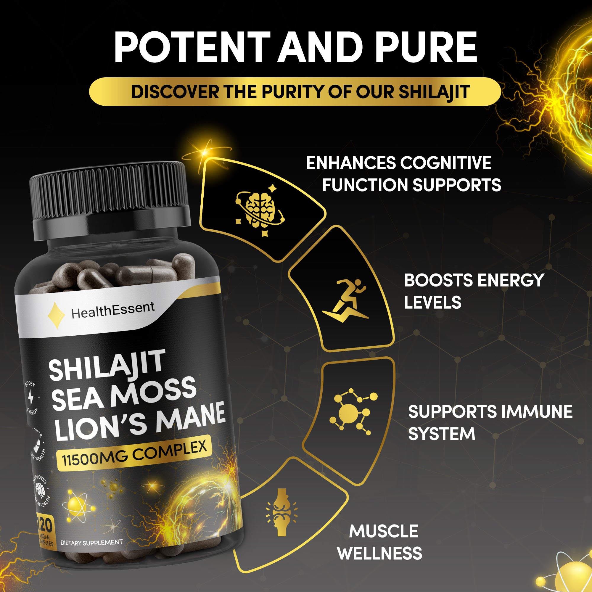 Shilajit Seamoss and Lions Mane Capsules, 11500mg High Strength Adaptogen Complex, with Added Ashwagandha KSM 66 and Black Pepper for Energy, Immunity & Brain - 120 Vegan Capsules by HealthEssent