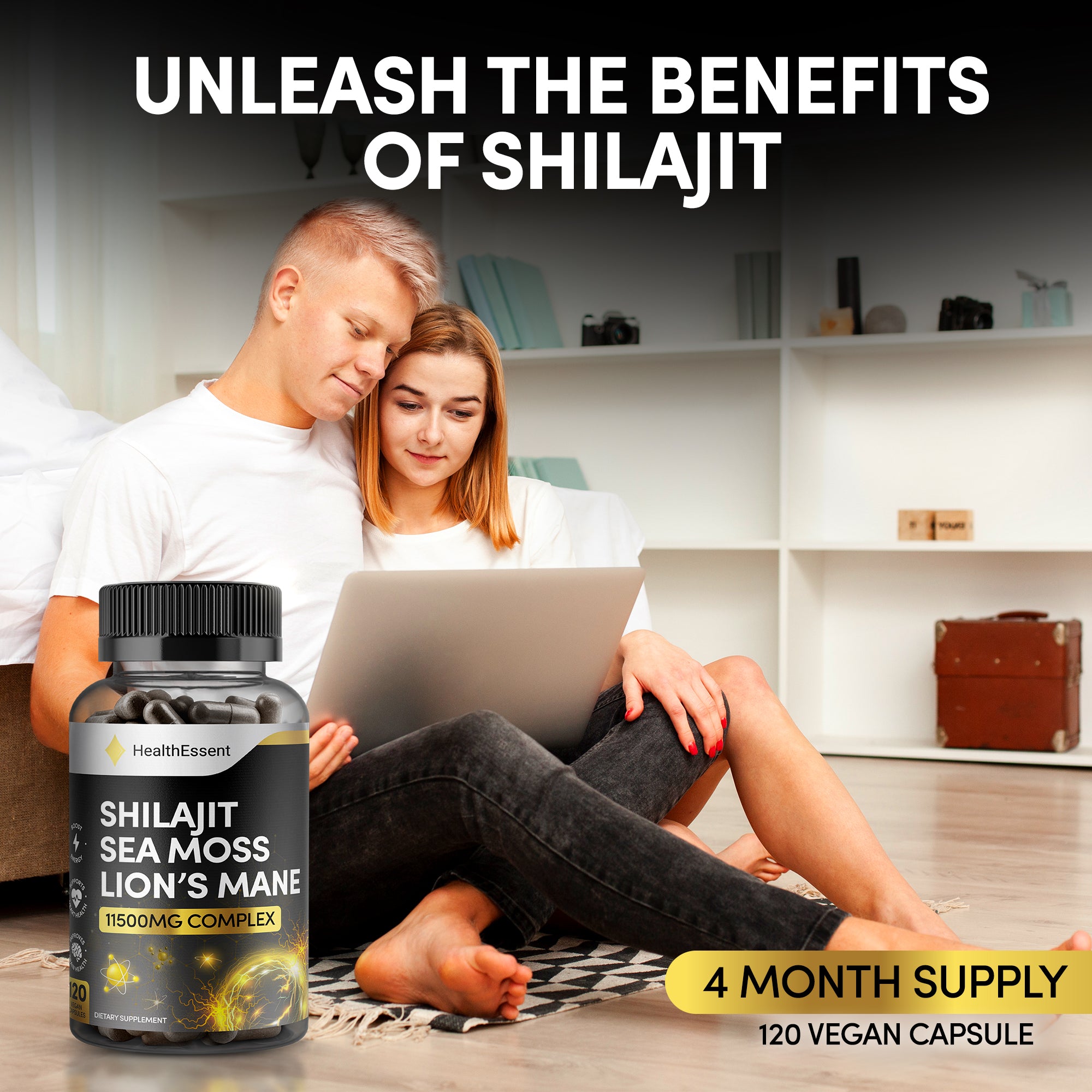 Shilajit Seamoss and Lions Mane Capsules, 11500mg High Strength Adaptogen Complex, with Added Ashwagandha KSM 66 and Black Pepper for Energy, Immunity & Brain - 120 Vegan Capsules by HealthEssent