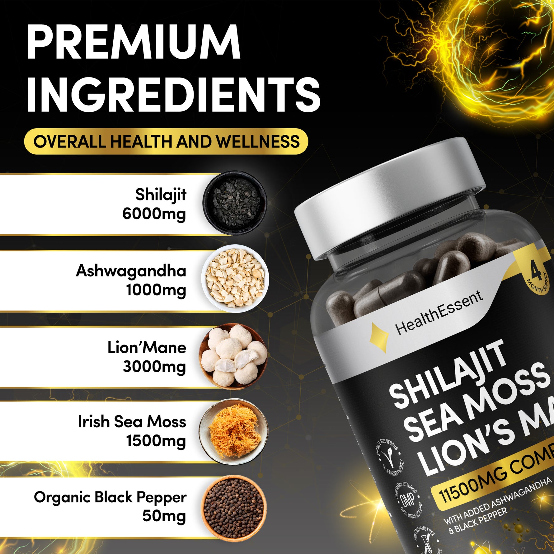 Shilajit Sea Moss Lion's Mane nutritional information - vegan friendly, non-GMO, third-party tested, GMP certified, gluten and dairy free, no preservatives
