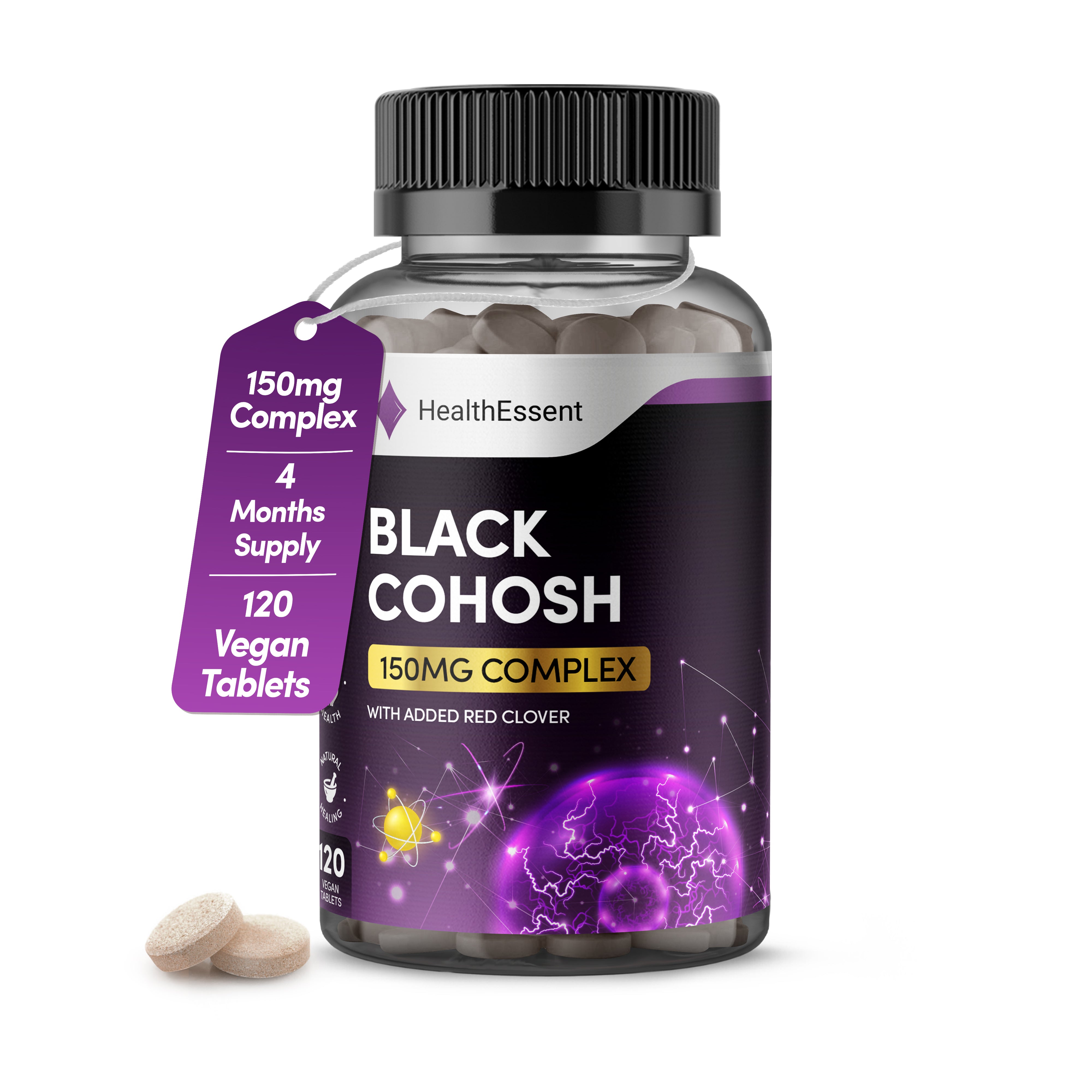 HealthEssent Black Cohosh 150mg Complex with Red Clover, Black Cohosh Supplement (4 Month Supply) - 120 Vegan Tablets by HealthEssent