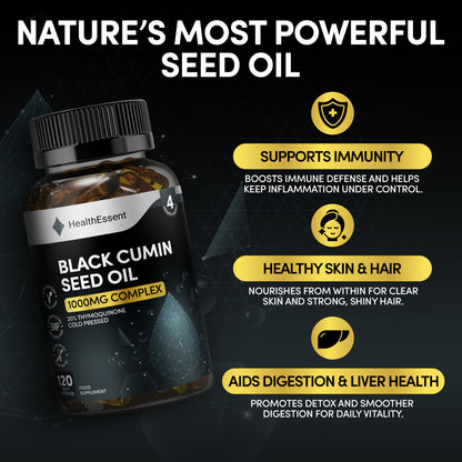 Thymoquinone health benefits - powerful anti-inflammatory compound in black cumin seed oil supporting immune function, metabolic health, respiratory wellness, and antioxidant protection