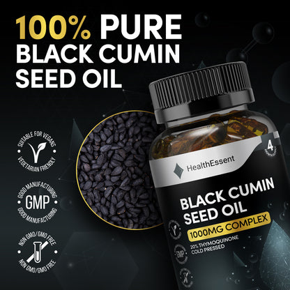 HealthEssent Black Cumin Seed Oil with Nigella sativa seeds - premium cold-pressed oil from black cumin seeds rich in thymoquinone and omega fatty acids