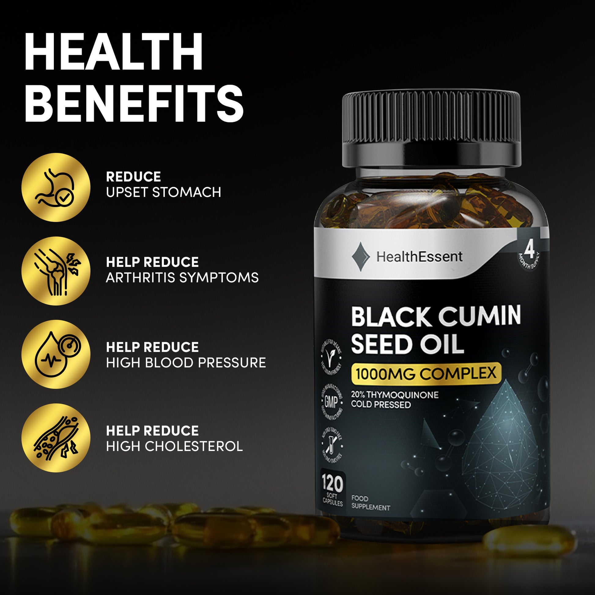 Premium immune support with HealthEssent Black Cumin Seed Oil - highest 20mg thymoquinone per capsule, cold-pressed for maximum potency, anti-inflammatory and antioxidant benefits