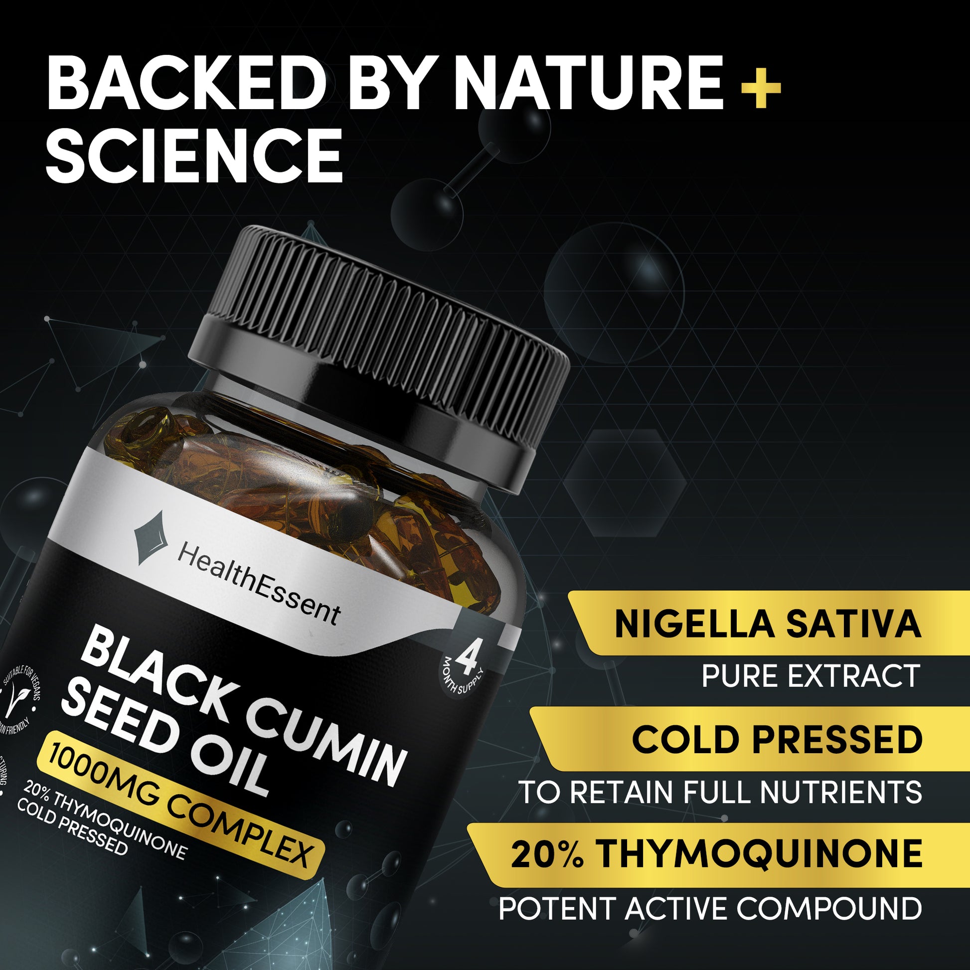 Healthy person with strong immunity using HealthEssent Black Cumin Seed Oil - natural immune support with 20mg thymoquinone for inflammation reduction and whole-body wellness