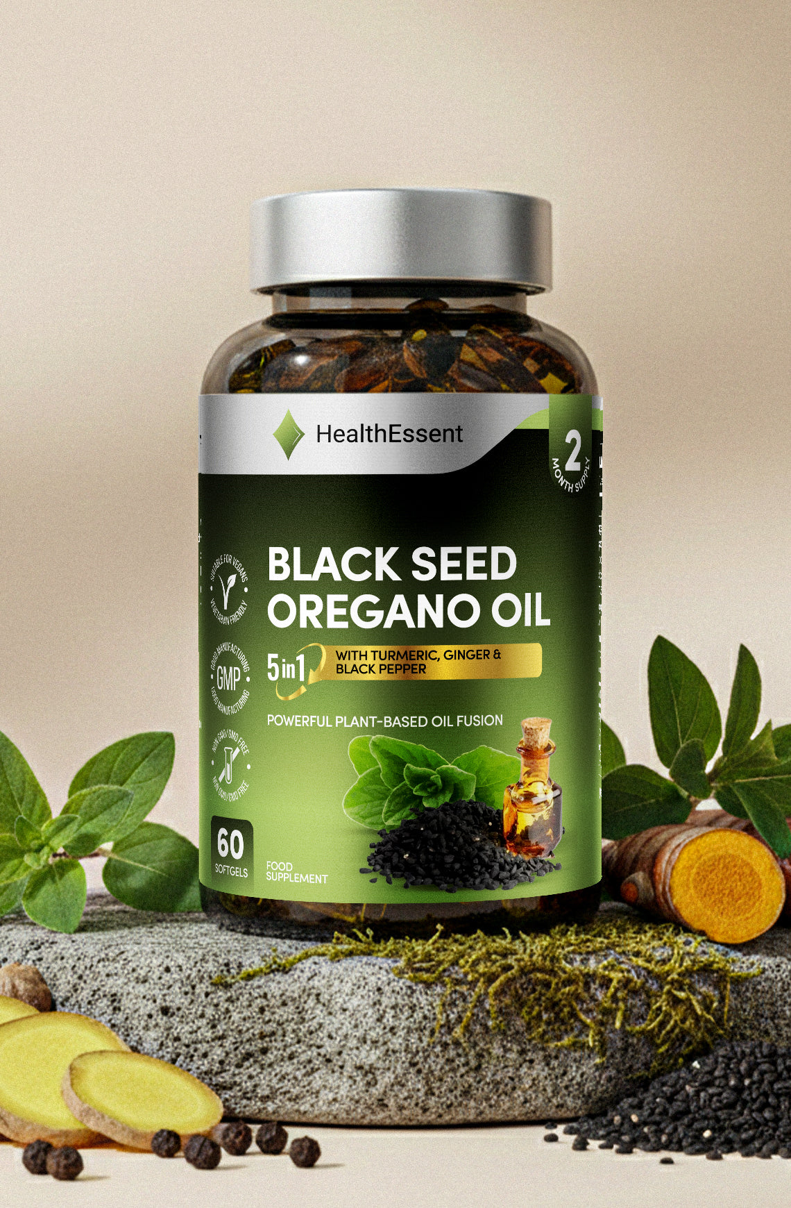 Natural immune-supporting ingredients: oregano leaves, black seeds (Nigella sativa), fresh ginger root, turmeric root, black peppercorns - HealthEssent Black Seed Oregano Oil 5-in-1 provides concentrated therapeutic extracts of nature's most powerful antimicrobial and anti-inflammatory compounds