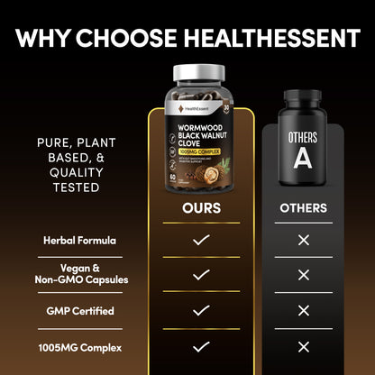 Why choose HealthEssent Wormwood Black Walnut Clove comparison chart - 6-in-1 formula with added pumpkin seed 600mg and papaya seed 100mg vs basic 3-ingredient competitors, includes slippery elm bark, full synergetic compounds, GMP certified