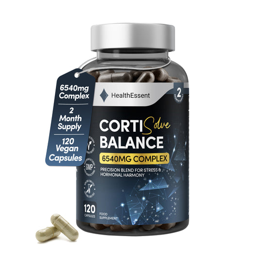 HealthEssent CortiSolve Balance 6540mg Complex bottle, precision blend for stress and hormonal harmony with Ashwagandha, Rhodiola, Phosphatidylserine, 120 vegan capsules, 2-month supply