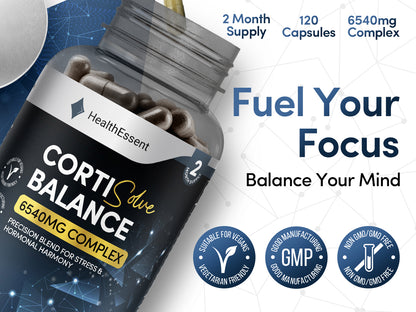 Calm professional woman at desk with CortiSolve Balance supplement, managing work stress with natural cortisol support and hormonal balance for improved focus and productivity