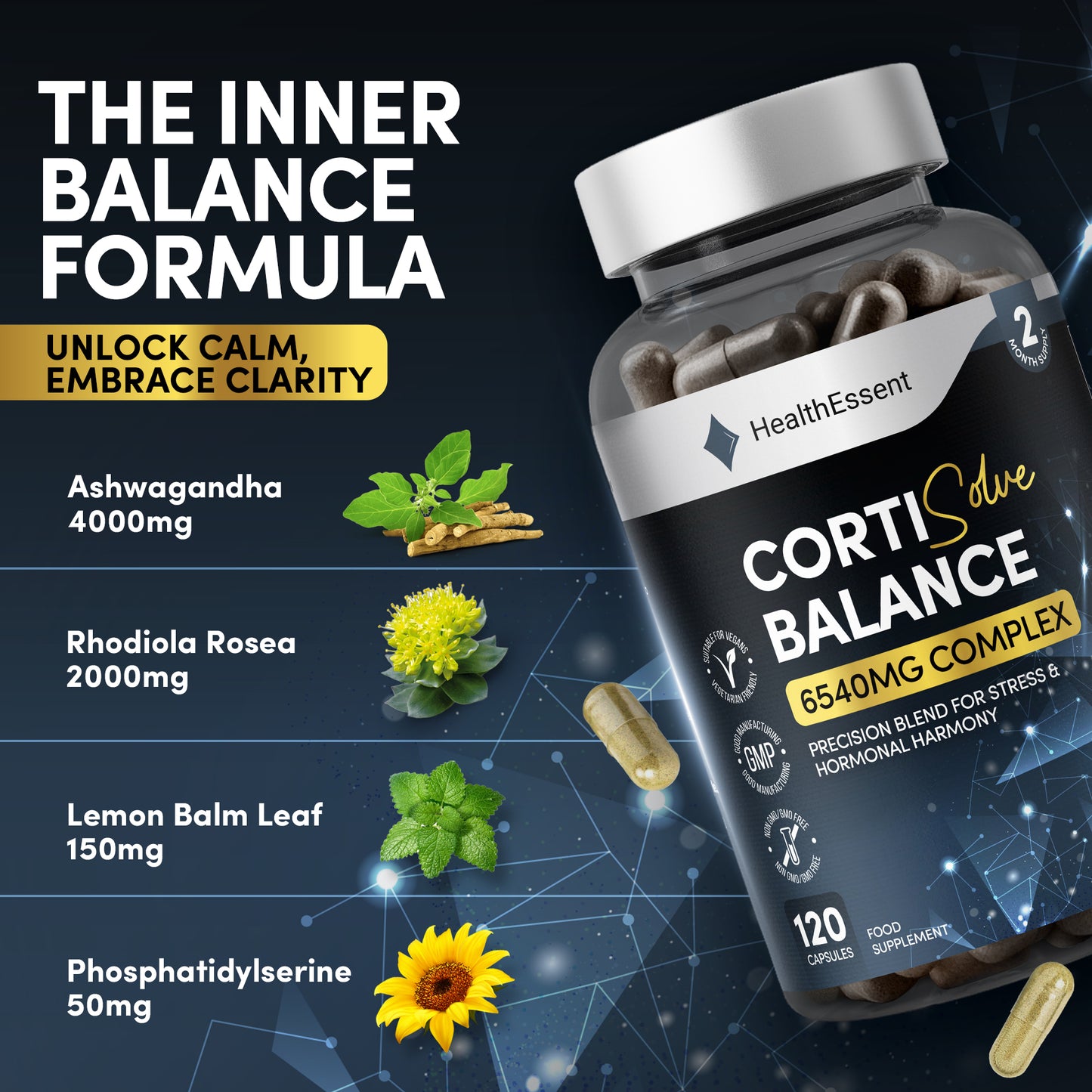 Seven synergistic ingredients in CortiSolve Balance: Ashwagandha 4000mg, Rhodiola 2000mg, Magnesium 200mg, Lemon Balm 150mg, L-Theanine 100mg, Phosphatidylserine 50mg, L-Tyrosine 40mg with therapeutic dosages