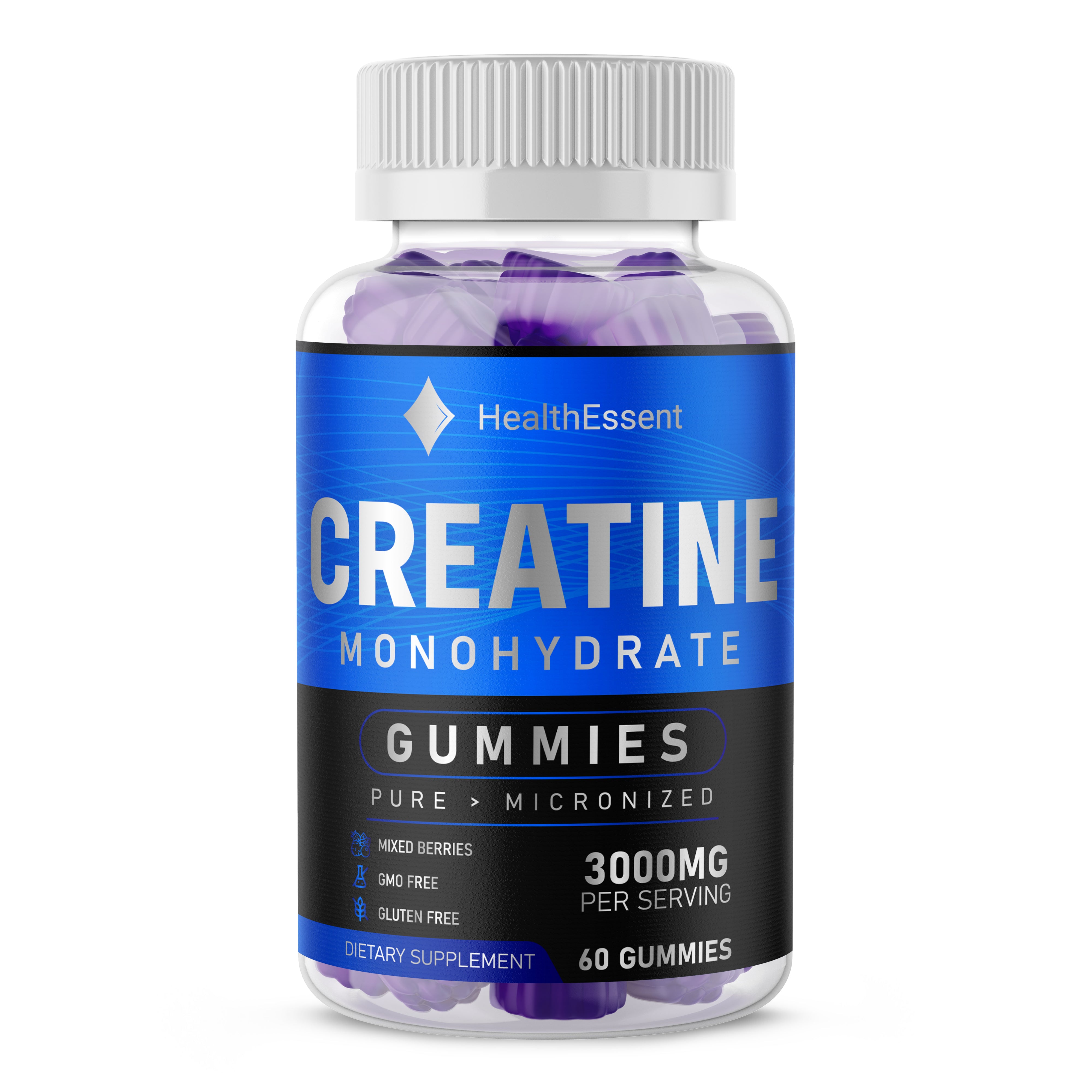 Creatine Monohydrate Gummies 3000mg, Creatine Chews, High Strength All Natural by HealthEssent - 60 Gummies