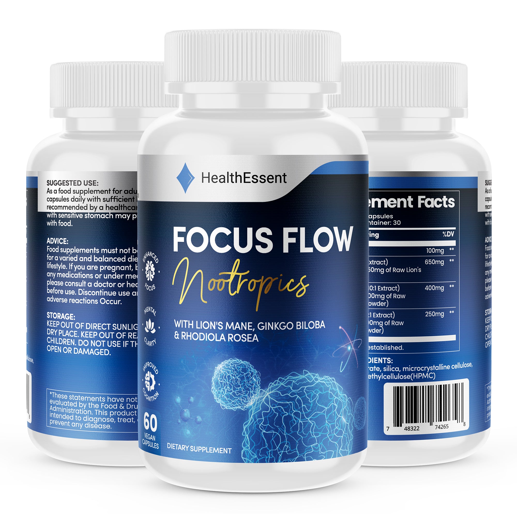 Focus Flow Nootropic Superfood with Adaptogens for Instant Mental Clarity & Enhanced Focus - with Lion’s Mane, Ginkgo & Rhodiola – High Strength Brain Boost & Cognition – 60 Capsules by HealthEssent