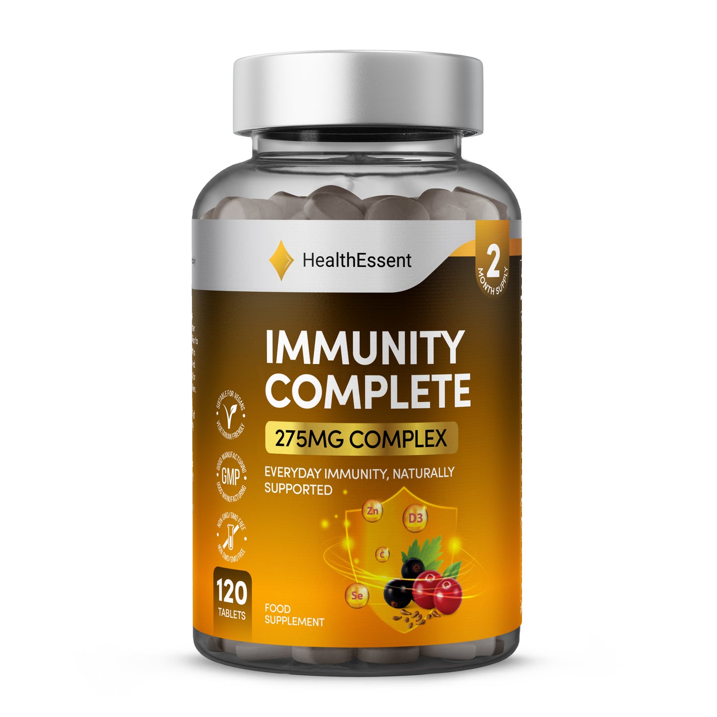 HealthEssent Immunity Complete supplement bottle - 10-in-1 complex with 275mg formula featuring elderberry, cranberry, vitamin C, zinc, vitamin D3, B12, 120 tablets, 2-month supply for everyday immune support