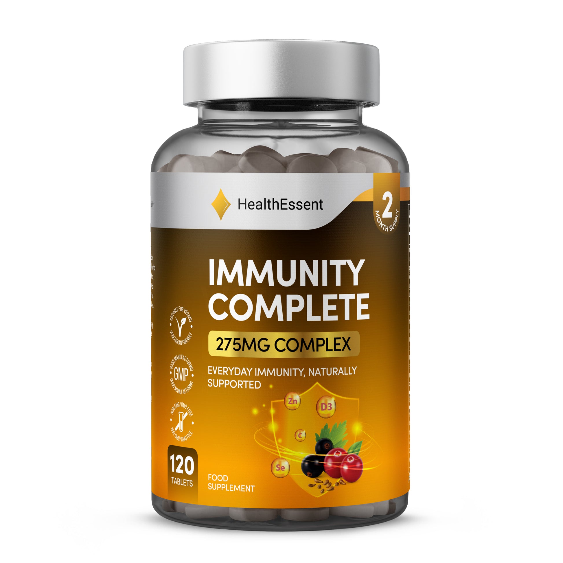 HealthEssent Immunity Complete supplement bottle - 10-in-1 complex with 275mg formula featuring elderberry, cranberry, vitamin C, zinc, vitamin D3, B12, 120 tablets, 2-month supply for everyday immune support