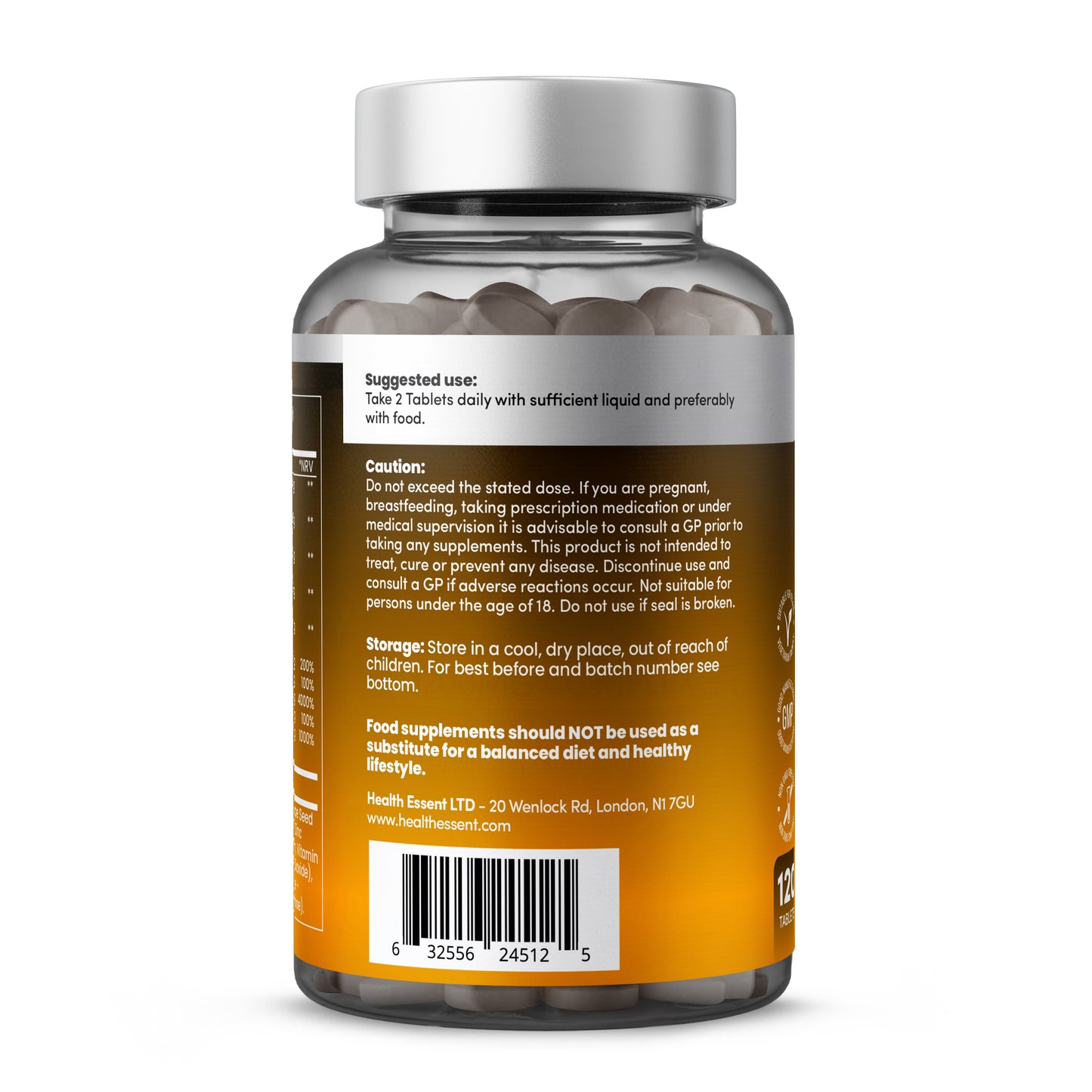 Immunity Complete nutritional information panel showing cranberry extract, grape seed, ginger, elderberry, turmeric 95% curcumin, vitamin C 160mg, zinc 10mg, vitamin B12 100mcg, selenium, vitamin D3 50mcg per 2 tablets
