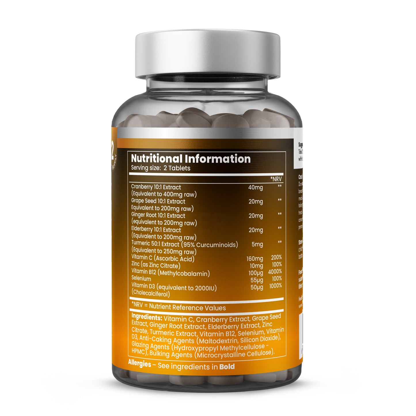 Immunity Complete supplement usage instructions and safety information - take 2 tablets daily with food, GMP certified, suitable for vegans, everyday immune support