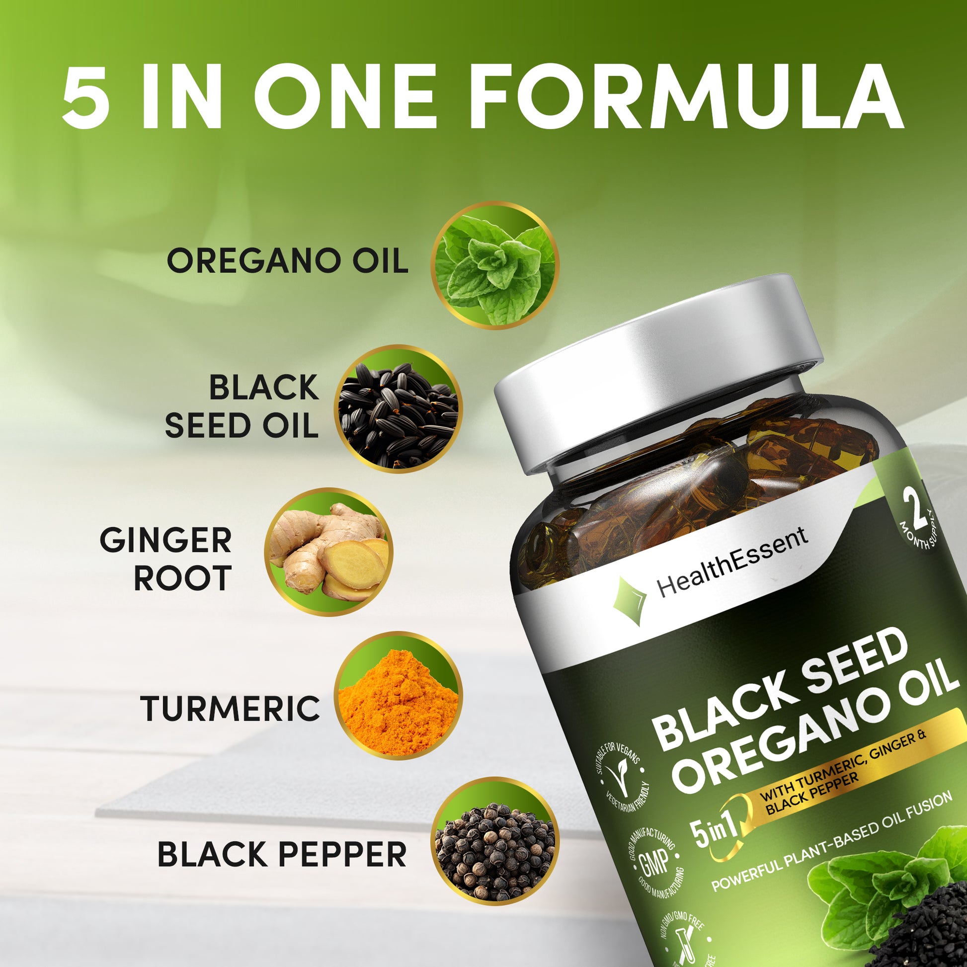 Five powerful ingredients in HealthEssent Oil Fusion: Oregano Oil 6,000mg (285mg carvacrol) for antimicrobial, Black Seed Oil 300mg (6mg thymoquinone) for immune modulation, Ginger 100mg for respiratory, Turmeric 100mg for anti-inflammatory, Black Pepper 5mg for 2000% absorption