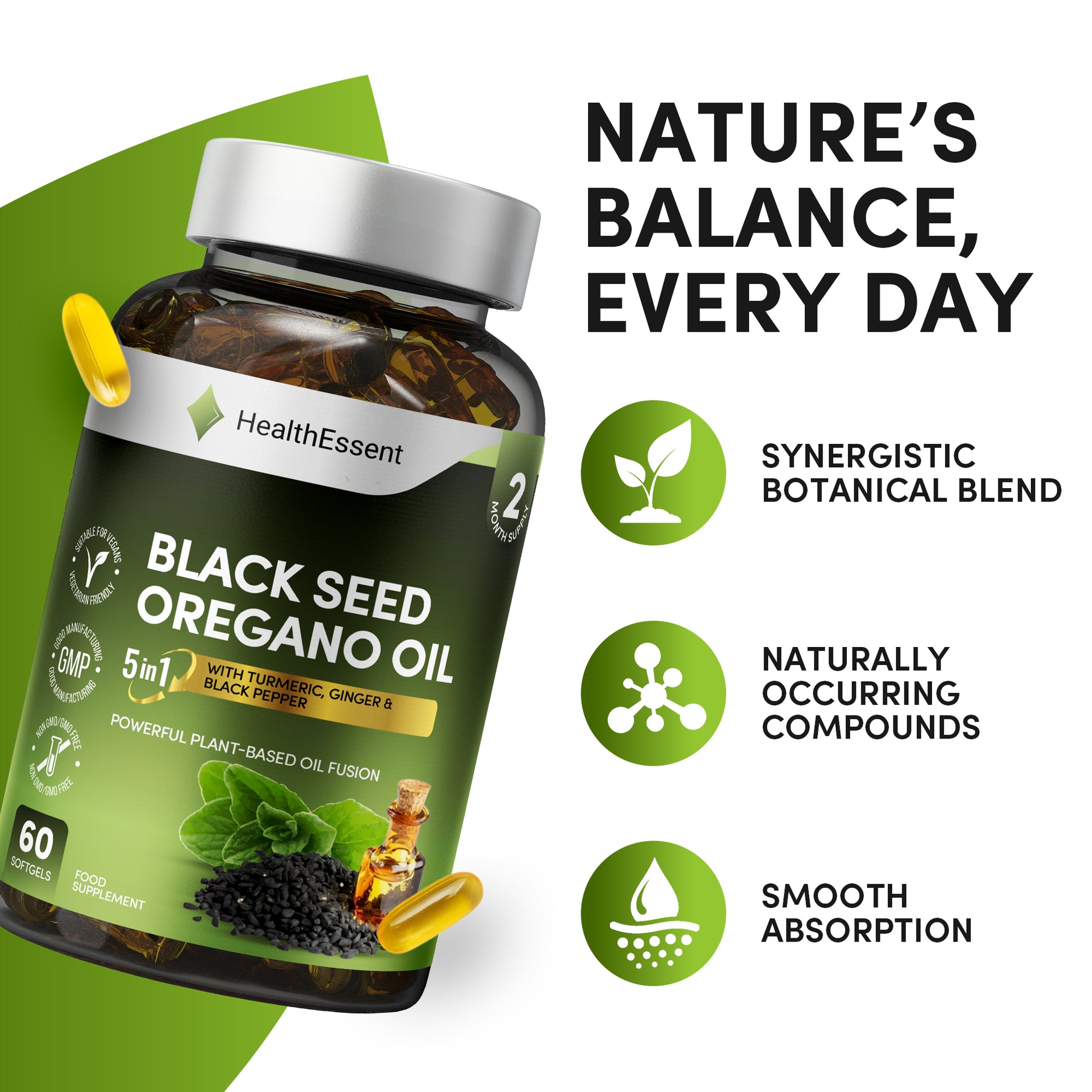 Black Seed Oregano Oil 5-in-1 benefits: powerful immune defense against bacteria, viruses, fungi, parasites; respiratory support for congestion and breathing; anti-inflammatory for joints and pain; digestive wellness and gut health; antioxidant protection for cellular health