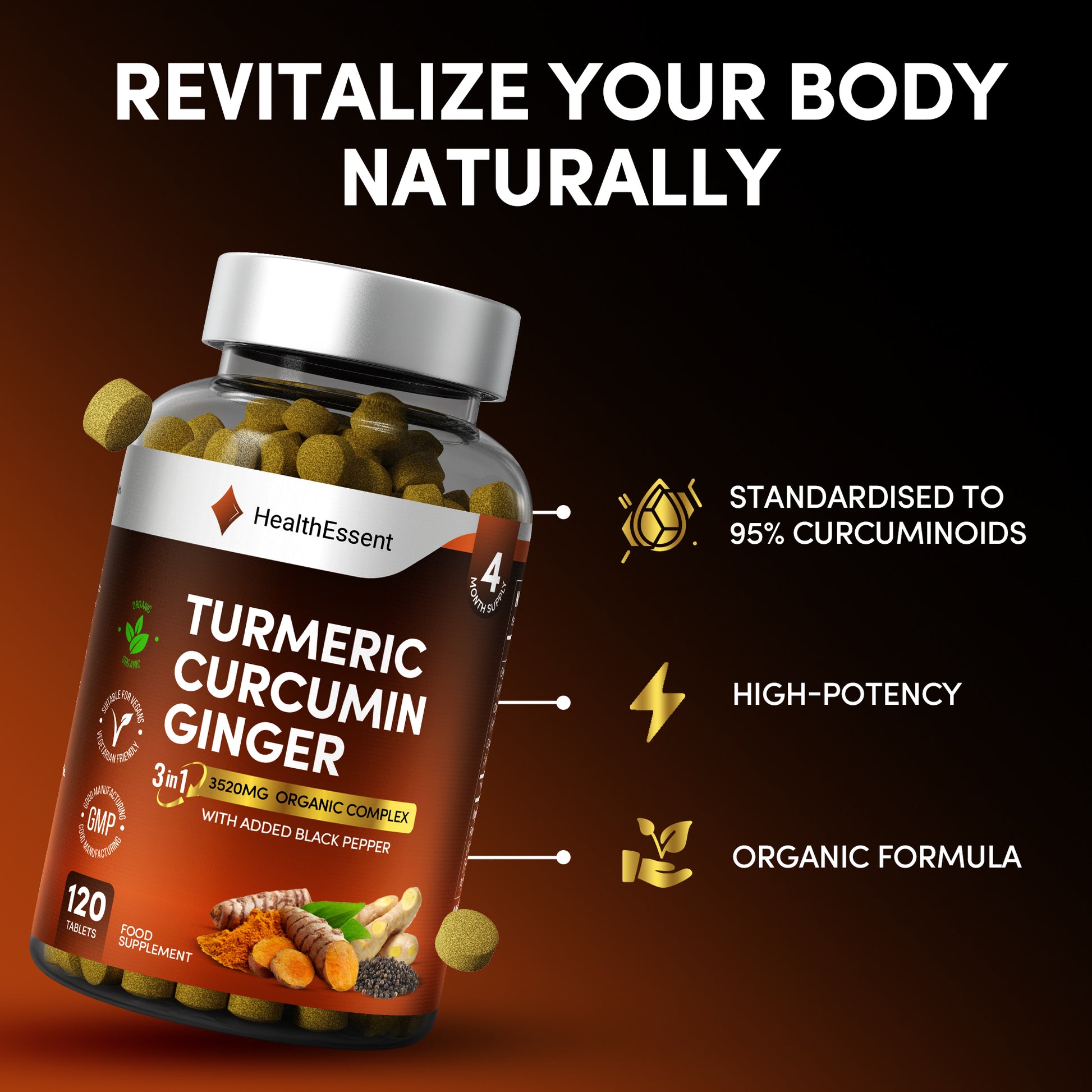 Revitalize your body naturally with HealthEssent Turmeric Curcumin Ginger - standardized to 95% curcuminoids, high-potency organic formula with enhanced absorption