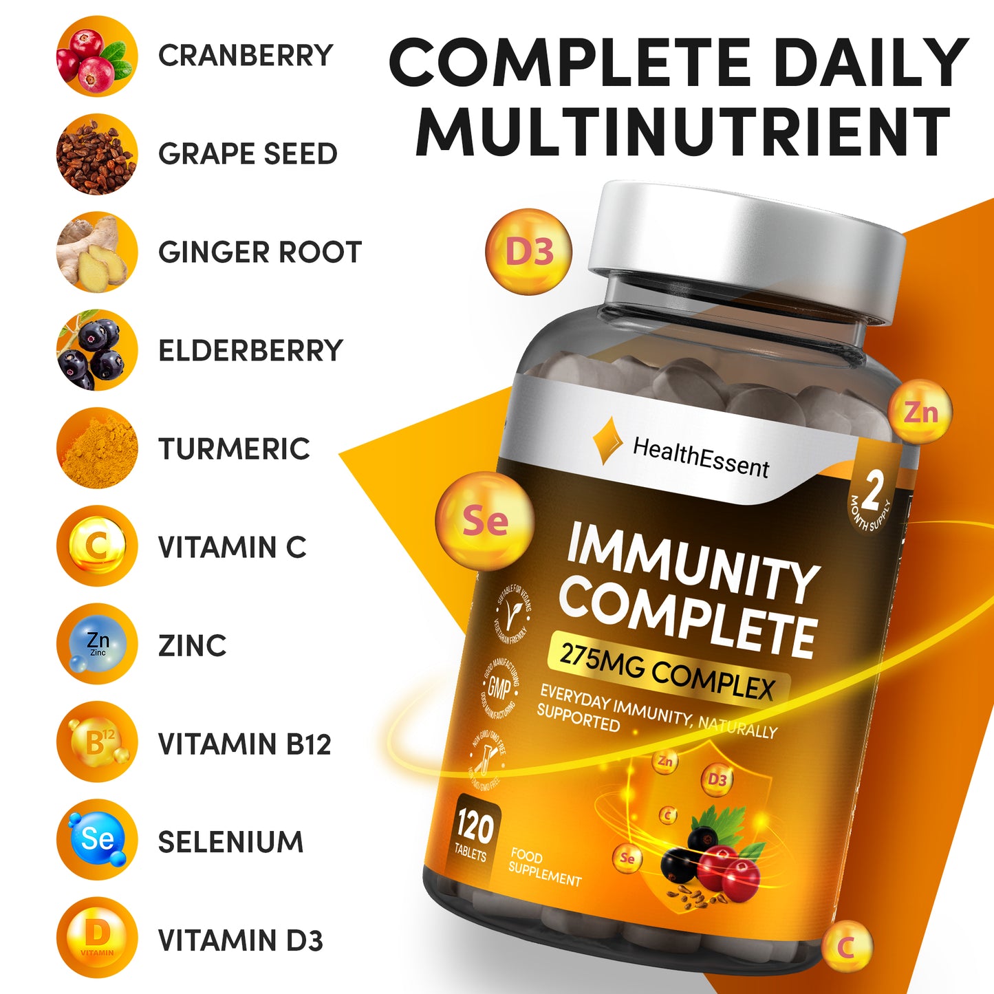 Complete immune support formula - 10 powerful ingredients including elderberry extract, cranberry extract, vitamin C, zinc, vitamin D3, vitamin B12, selenium, turmeric, ginger, and grape seed in HealthEssent synergistic complex
