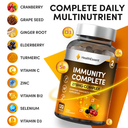Complete immune support formula - 10 powerful ingredients including elderberry extract, cranberry extract, vitamin C, zinc, vitamin D3, vitamin B12, selenium, turmeric, ginger, and grape seed in HealthEssent synergistic complex