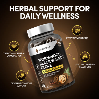 Complete digestive support with HealthEssent Wormwood Black Walnut Clove - 6-in-1 synergistic complex with added pumpkin seed and papaya seed for enhanced gut health and digestive balance