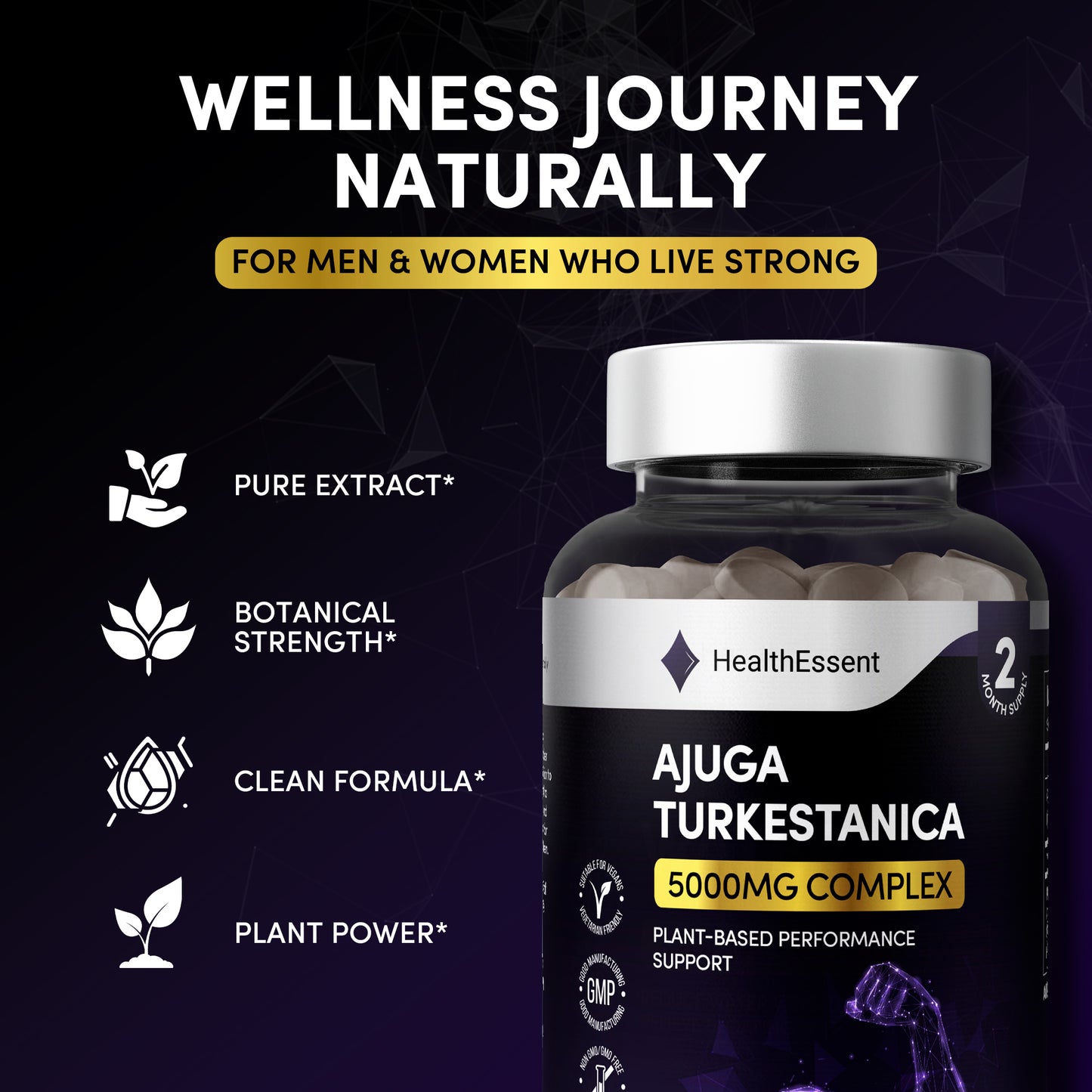 Ajuga Turkestanica tablets with raw plant imagery, full plant extraction for muscle and performance
