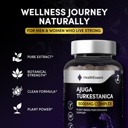 Ajuga Turkestanica tablets with raw plant imagery, full plant extraction for muscle and performance