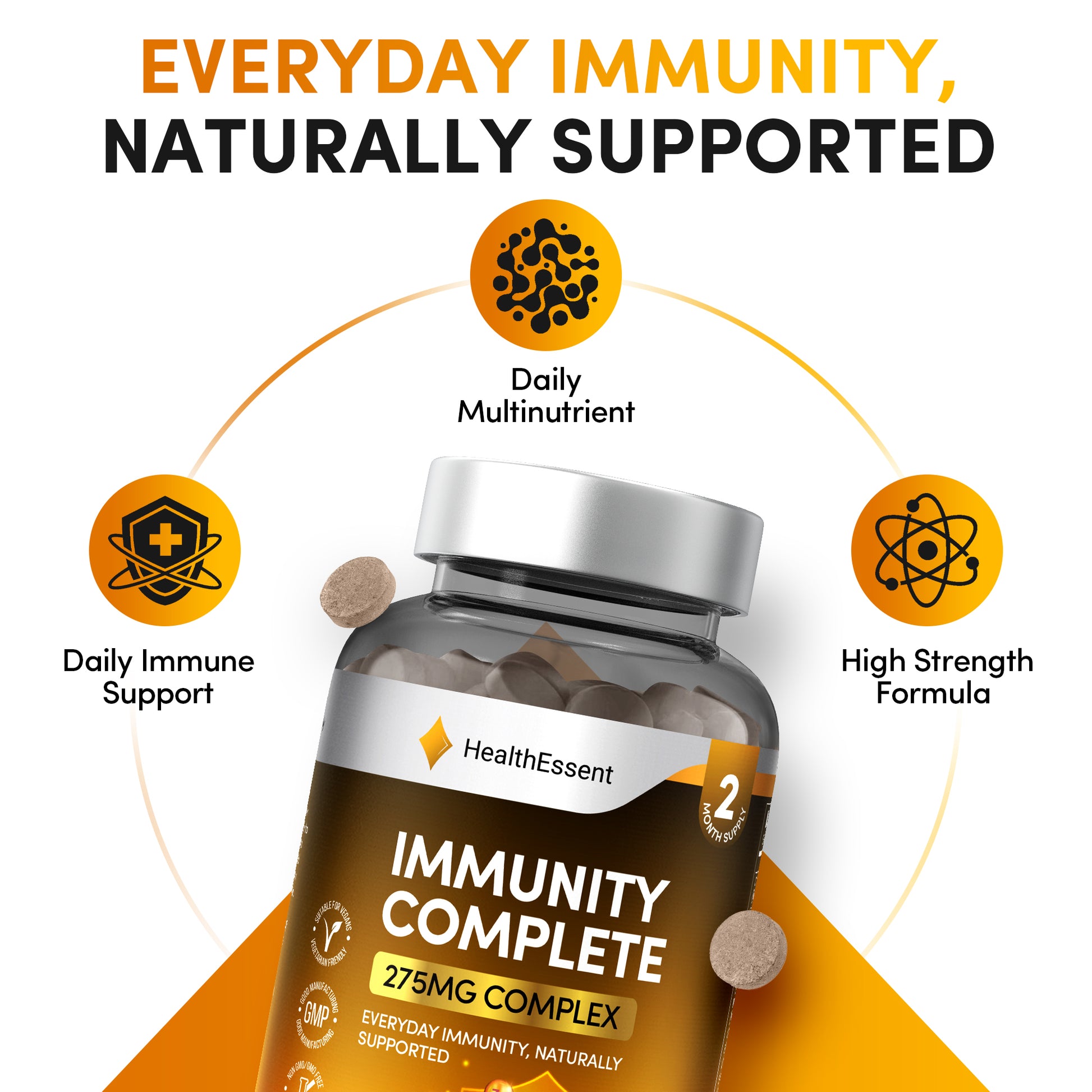 Strengthen your immunity naturally with HealthEssent Immunity Complete - 10 unique ingredient complex with high-potency synergy, 4000% vitamin B12, 1000% vitamin D3, elderberry and cranberry extracts