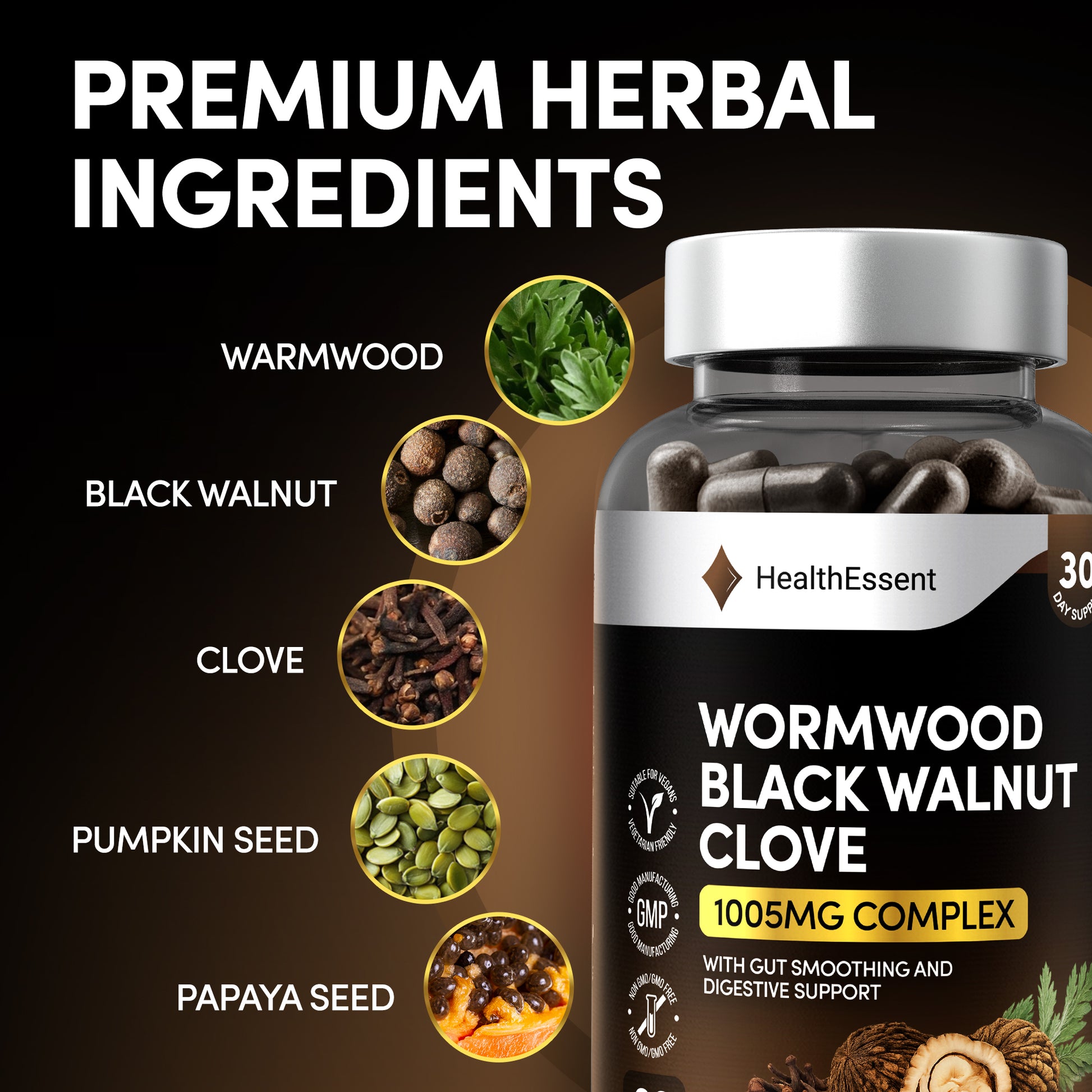 Synergistic gut health formula - 6 powerful ingredients including wormwood extract, black walnut hull, clove, pumpkin seed, papaya seed, and slippery elm bark in HealthEssent digestive complex