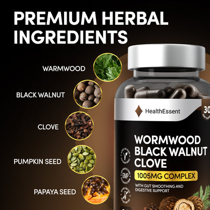 Synergistic gut health formula - 6 powerful ingredients including wormwood extract, black walnut hull, clove, pumpkin seed, papaya seed, and slippery elm bark in HealthEssent digestive complex