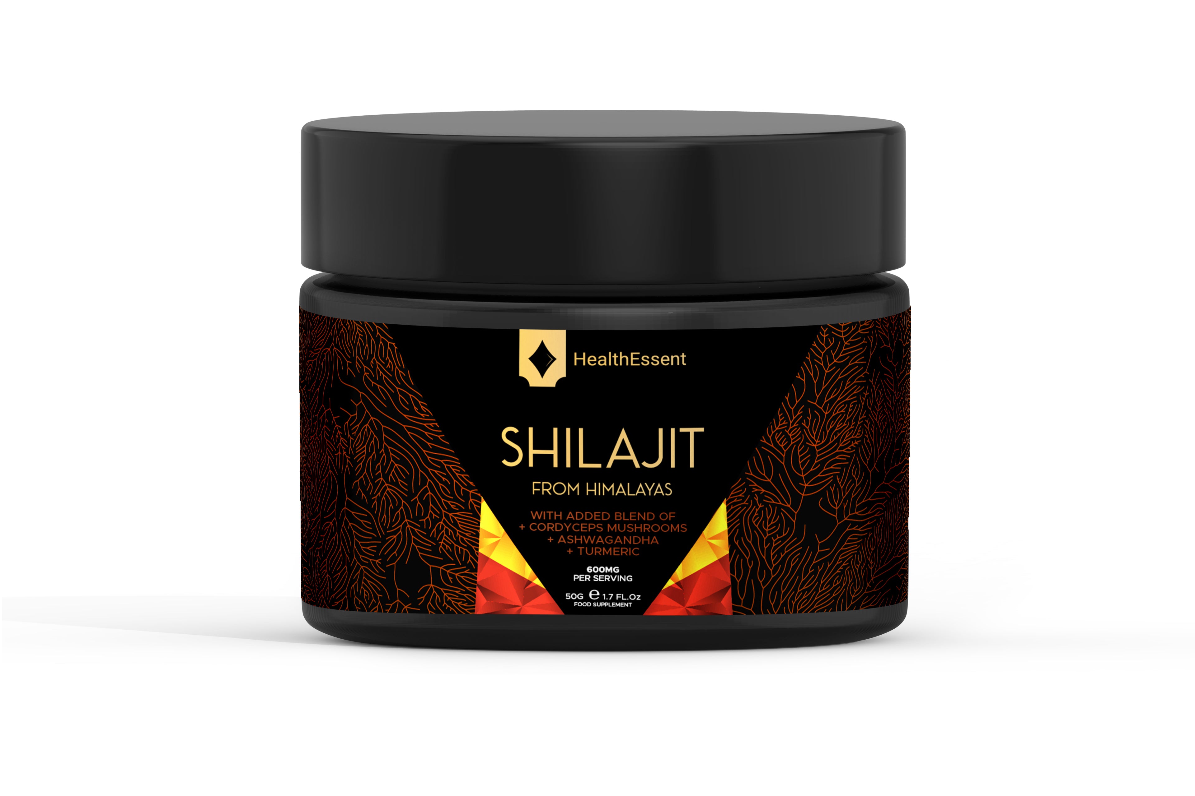 Shilajit Organic with Cordyceps Mushrooms, Ashwagandha & Turmeric, Shilajit Resin Pure Organic Himalayan with Added Blend by HealthEssent - 50g