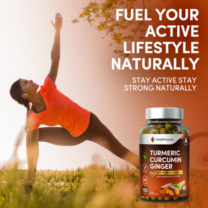Woman doing yoga outdoors with HealthEssent Turmeric Curcumin Ginger supplement - fuel your active lifestyle naturally, stay active stay strong with organic joint support
