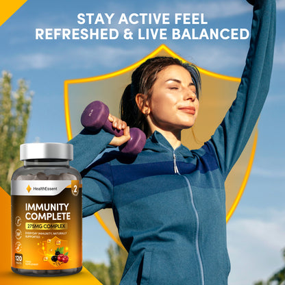 Healthy person staying active with HealthEssent Immunity Complete supplement - everyday immunity naturally supported with 10-in-1 formula for year-round wellness and protection