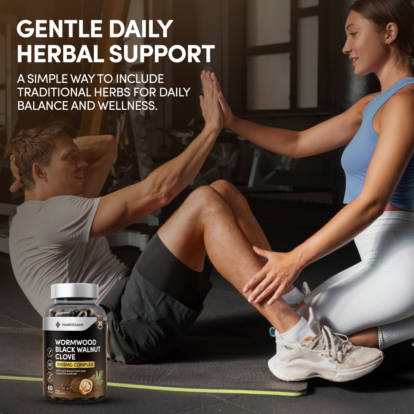 Person with healthy digestion using HealthEssent Wormwood Black Walnut Clove supplement - natural gut support with 6-in-1 synergistic formula for digestive balance and intestinal wellness