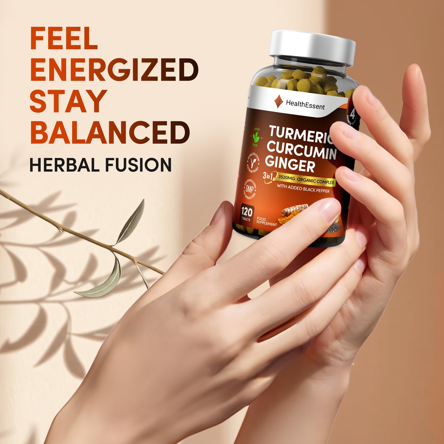 Hands holding HealthEssent Turmeric Curcumin Ginger supplement bottle - feel energized stay balanced with 3-in-1 herbal fusion for natural wellness