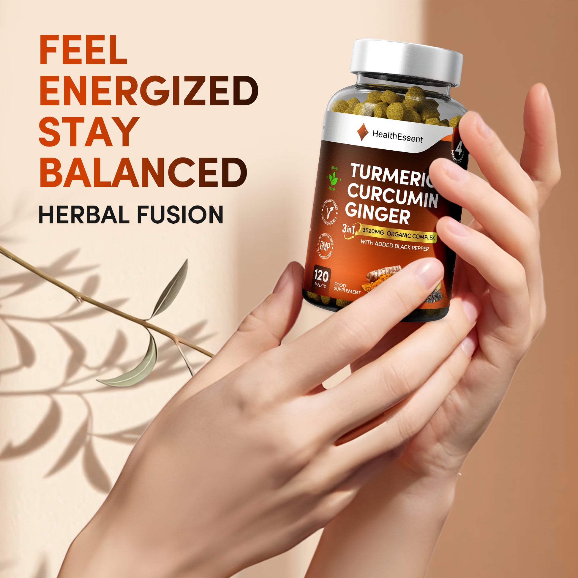 Hands holding HealthEssent Turmeric Curcumin Ginger supplement bottle - feel energized stay balanced with 3-in-1 herbal fusion for natural wellness