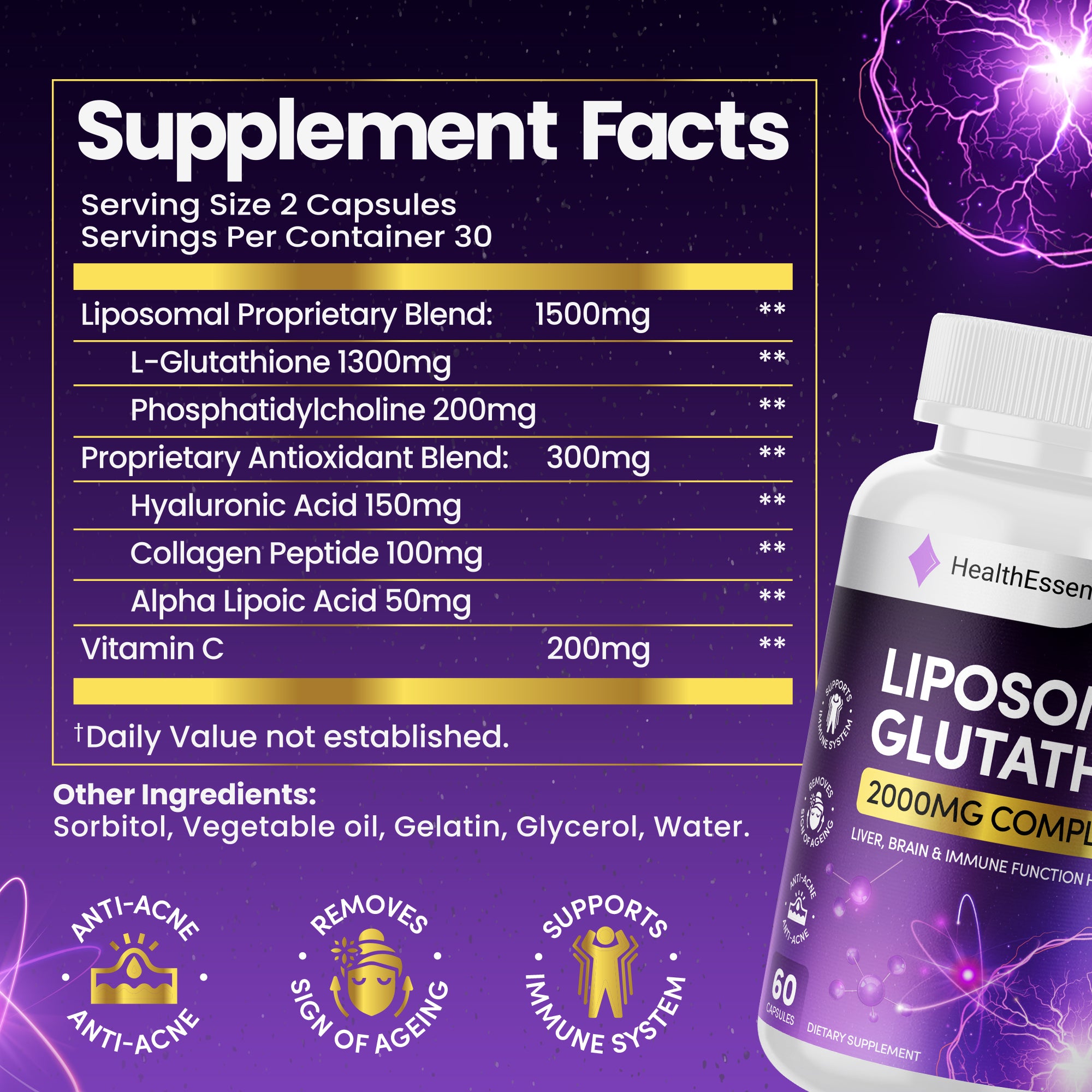 Liposomal Glutathione, Superior Bioavailability 2000mg Blend, with Proprietary Antioxidant Complex – Hyaluronic Acid, Collagen, Alpha Lipoic Acid – Strong Antioxidant – 60 Softgels by HealthEssent