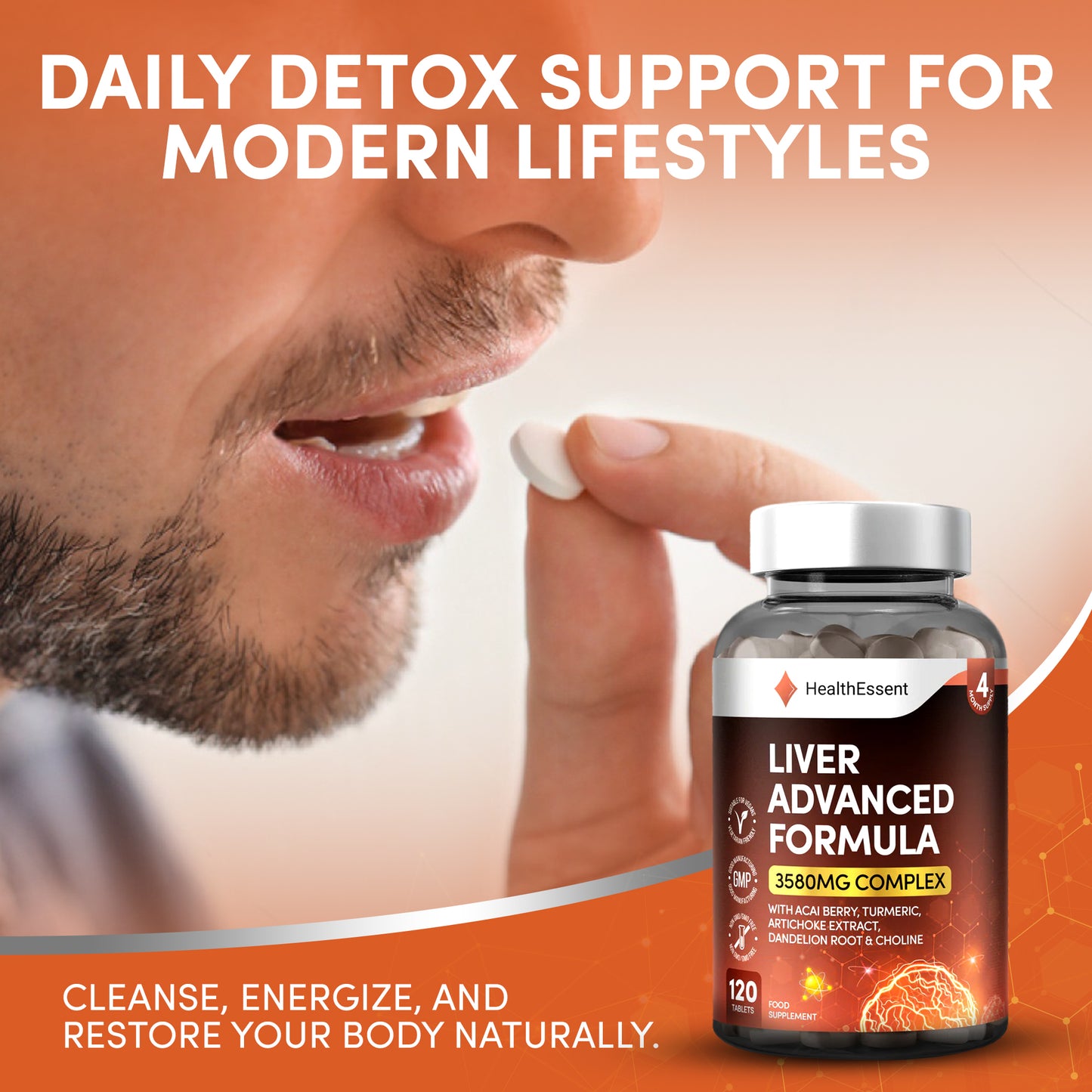 Liver Advanced Formula supplement facts panel showing 3580mg complex with Artichoke 14:1 extract 1400mg, Turmeric 35:1 extract 1050mg, Acai Berry 4:1 extract 600mg, Choline Bitartrate 100mg, Dandelion Root 4:1 extract 80mg per 1 tablet