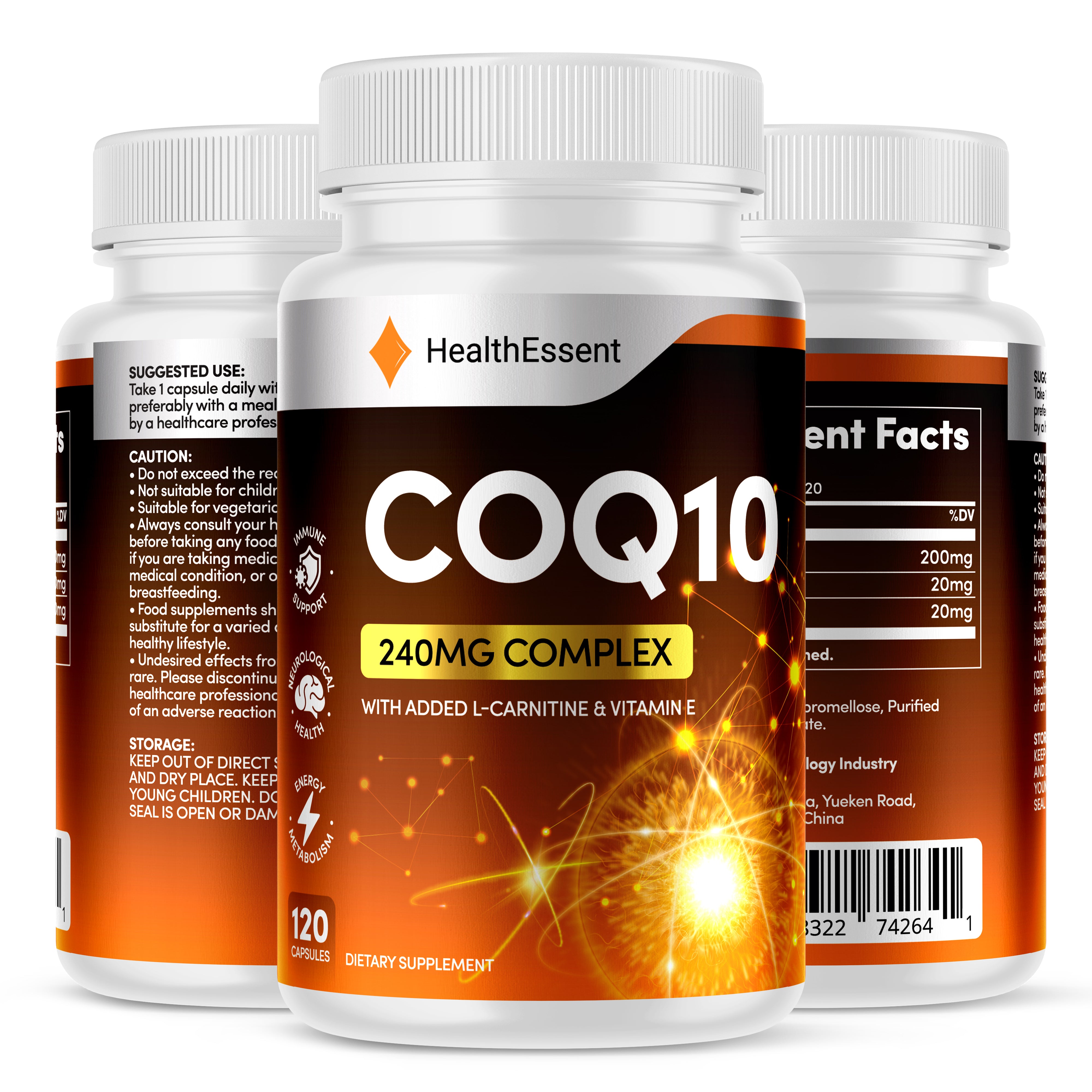 CoQ10 Supplement, 240mg Complex with Added L Carnitine & Vitamin E, Coenzyme Q10, High Strength Capsules, CoQ10, by HeathEssent - 120 Capsules