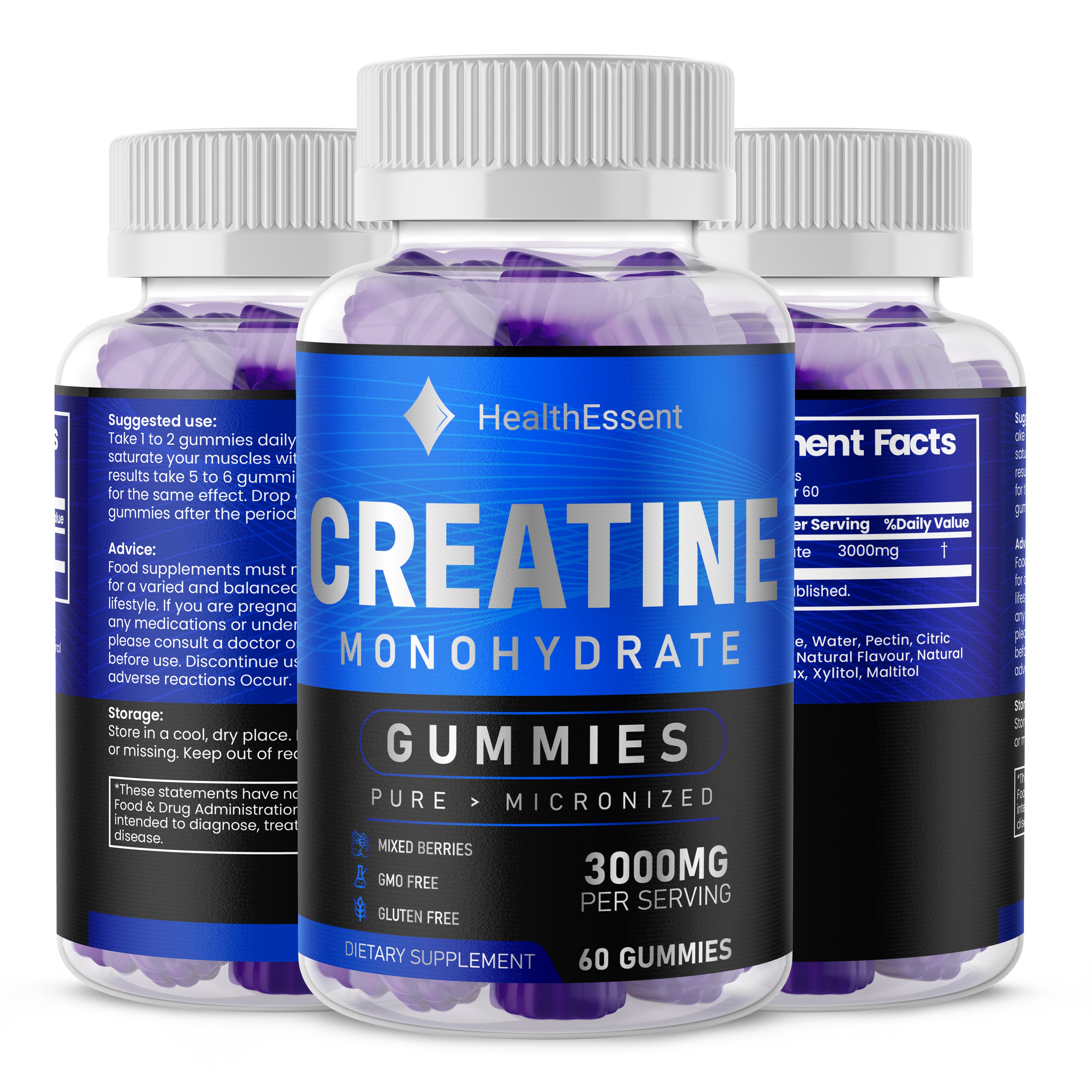 Creatine Monohydrate Gummies 3000mg, Creatine Chews, High Strength All Natural by HealthEssent - 60 Gummies