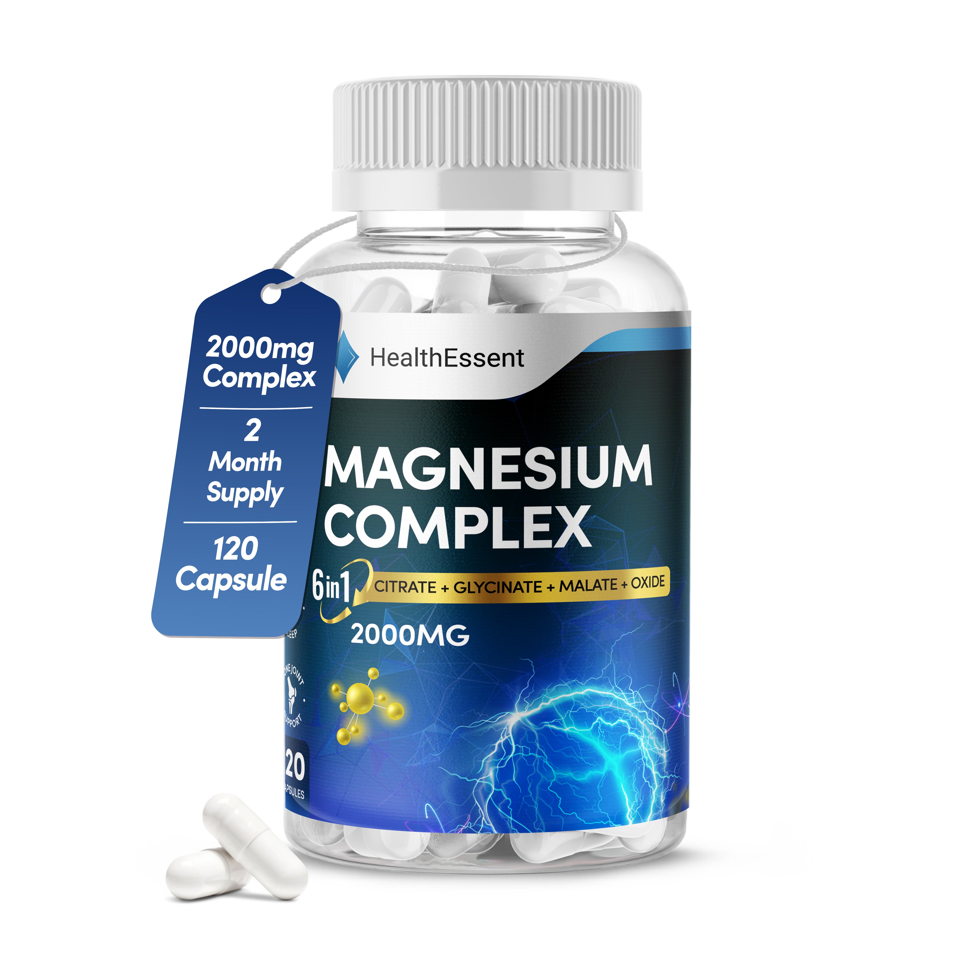 Magnesium Supplements, 6-in-1 Complex, 2000mg with Magnesium Citrate, Glycinate, Malate, Oxide, Taurate and Orotate - Promotes Sleep, Energy and Muscles - for Stress & Anxiety Relief - 120 Capsules