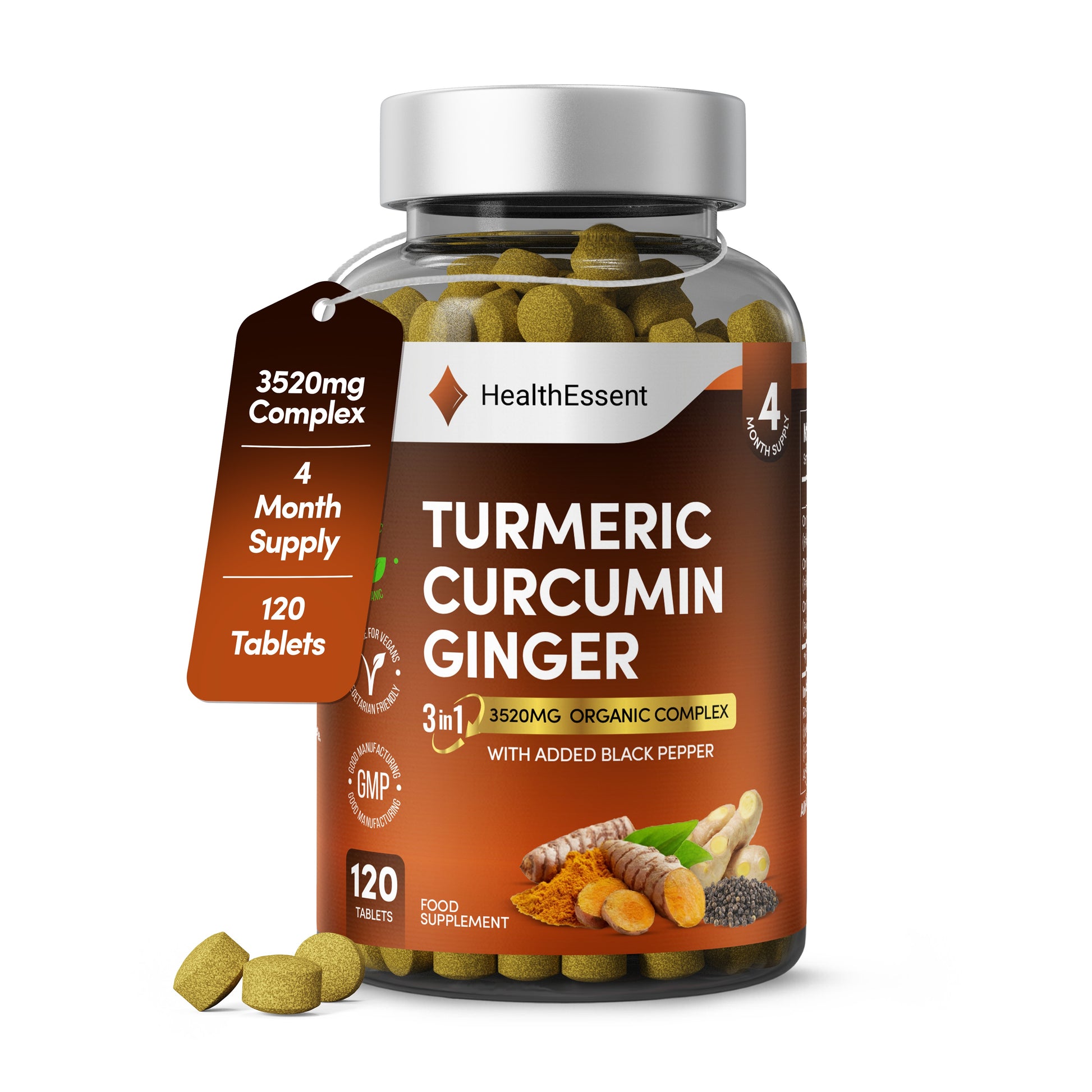 HealthEssent Organic Turmeric Curcumin Ginger supplement bottle - 3-in-1 complex with 3520mg organic formula, 120 vegan tablets, 4-month supply with black pepper for enhanced absorption