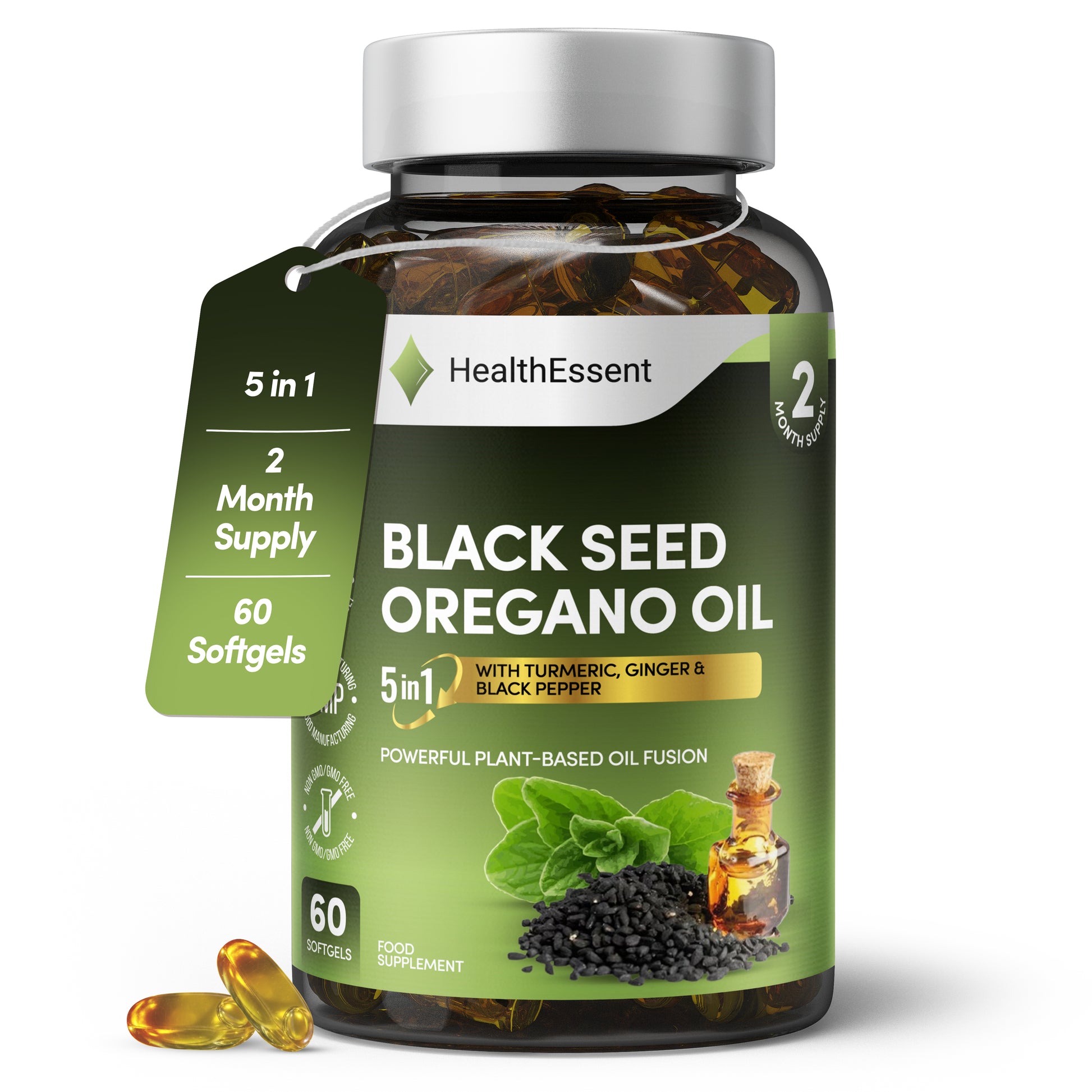 HealthEssent Black Seed Oregano Oil 5-in-1 with 6,000mg oregano oil (285mg carvacrol), 300mg black seed oil (2% thymoquinone), turmeric, ginger, black pepper for immune support, respiratory health, anti-inflammatory, 60 softgels, 2-month supply