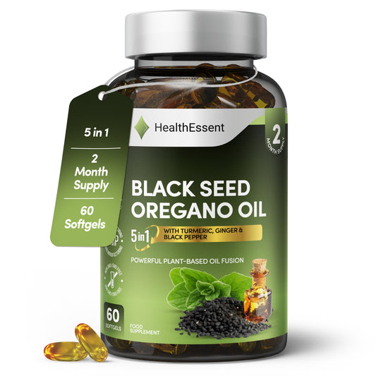 HealthEssent Black Seed Oregano Oil 5-in-1 with 6,000mg oregano oil (285mg carvacrol), 300mg black seed oil (2% thymoquinone), turmeric, ginger, black pepper for immune support, respiratory health, anti-inflammatory, 60 softgels, 2-month supply
