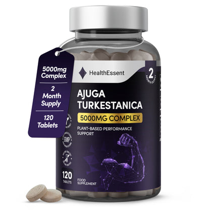 Ajuga Turkestanica 5000mg tablets bottle front view, full plant profile for performance and recovery support